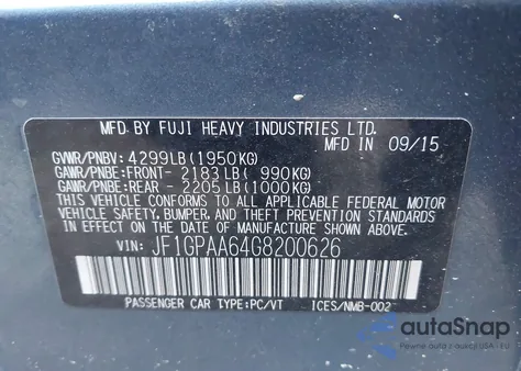 2016 Subaru Impreza 2.0I из США, поврежденный, VIN JF1GPAA64G8200626